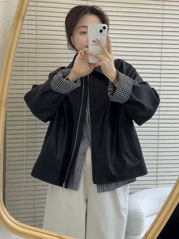 高级感拼接格子翻领黑色皮衣外套女春秋新款休闲百搭PU皮夹克上衣|undefined