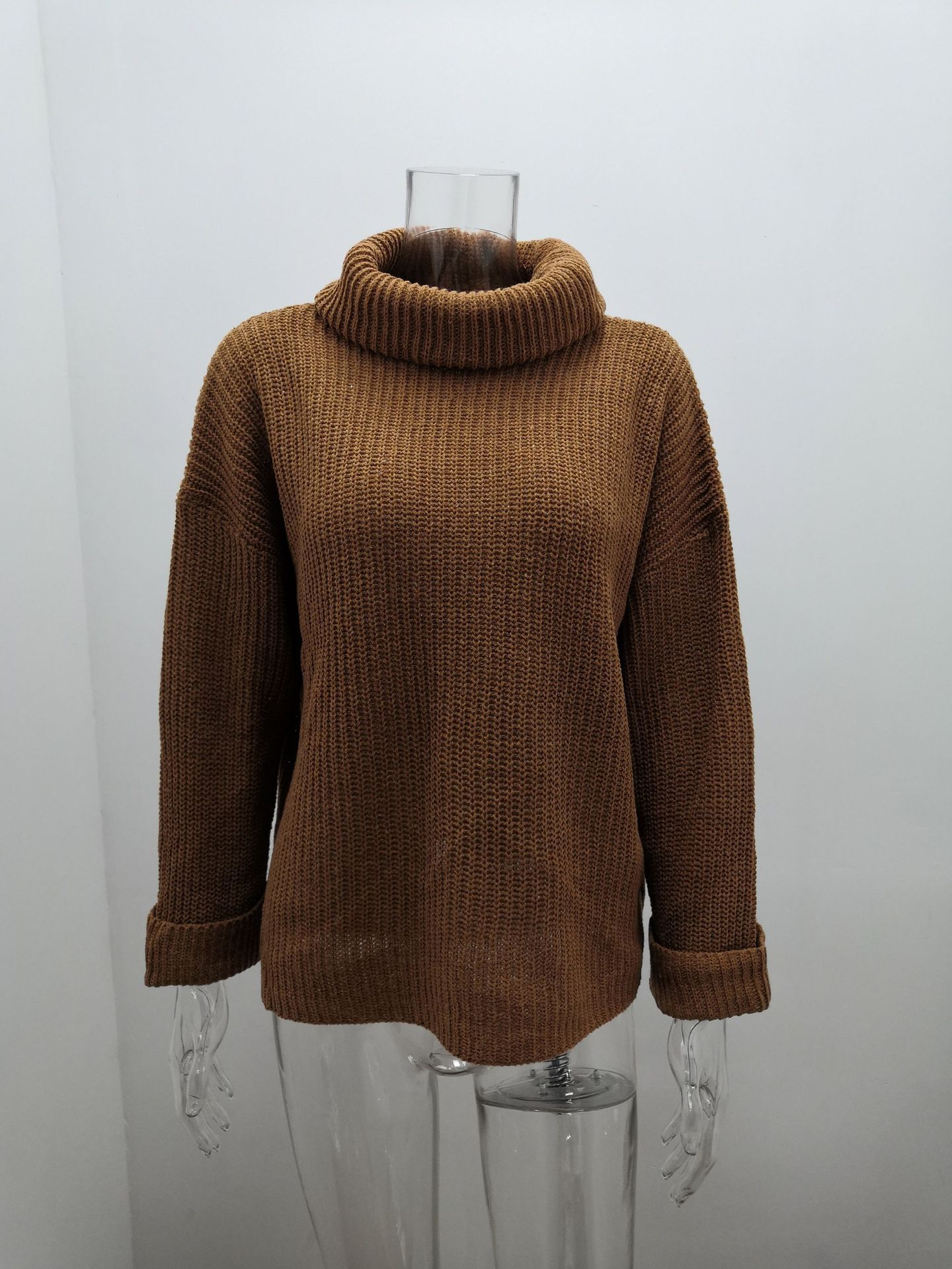 Damen Hochkragen Strickpullover Für Herbst Und Winter Einfarbig_voghion.com