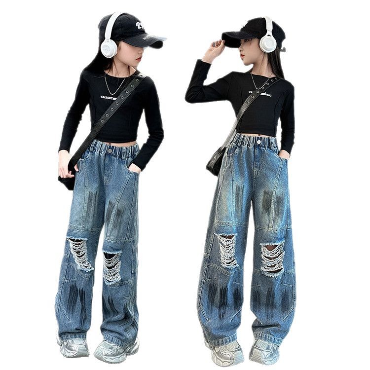 Spot Spring New Paint Style Hole Girls Fashion Children's Miscellaneous European And American Jeans Denim Loose Pants_viptrois.com