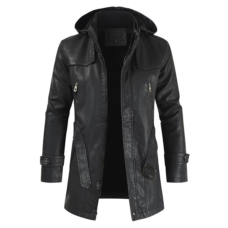 New 2025 Autumn Cross-Border Men's Leather Jacket Casual Fashion Mid-Length Pu Leather Jacket Hooded Slim Export Jacket