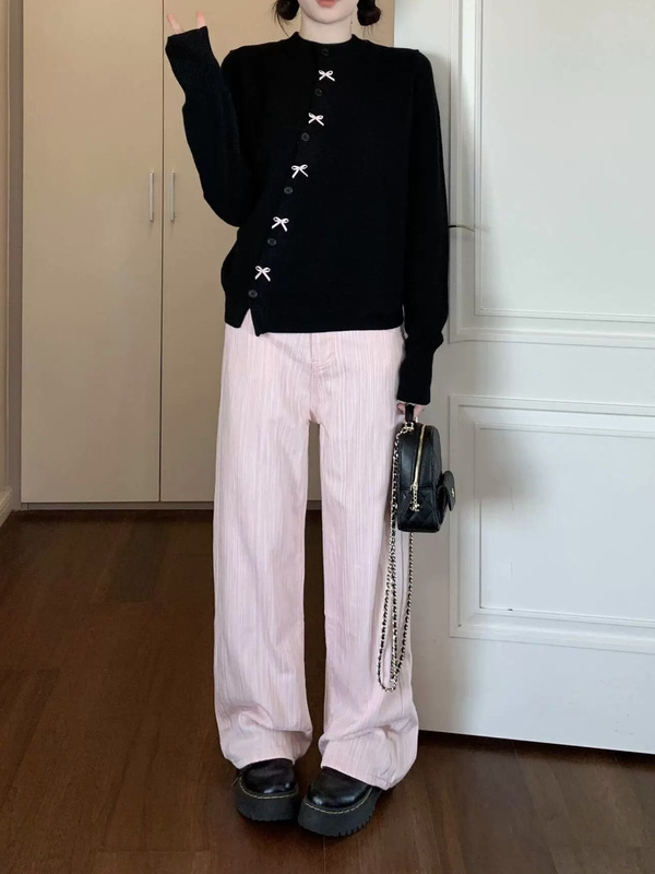 韩系甜美蝴蝶结斜扣黑色毛衣女2025秋冬慵懒高级感针织开衫外套潮|undefined