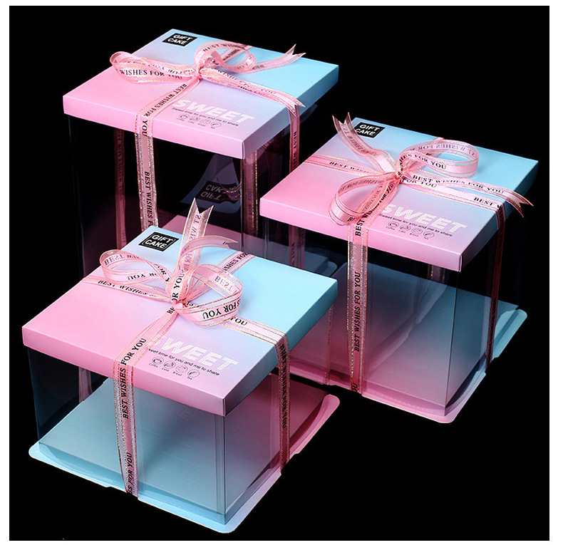 渐变色蛋糕盒6 8 10 12寸方形三合一透明生日蛋糕盒子烘焙包装盒详情20