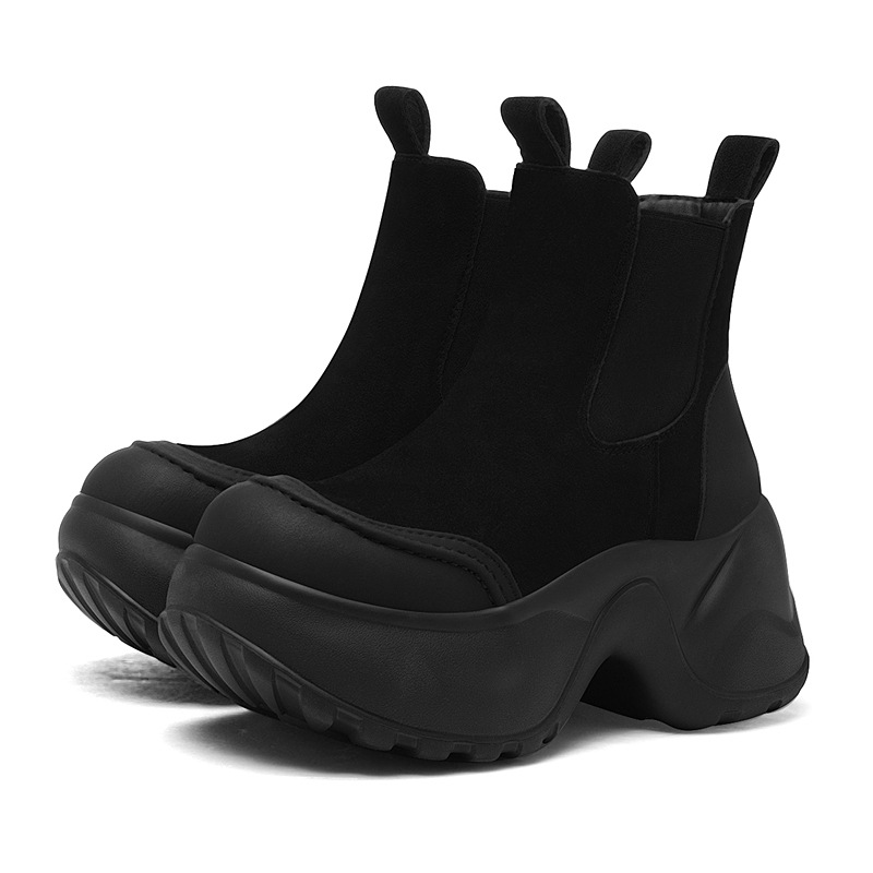 2025 Autumn Winter New Thick-Soled High-Heeled Chelsea Boots Versatile Height-Increasing Short Boots Patchwork Fleece-Lined Chimney Boots Cotton Shoes_vogvips.com
