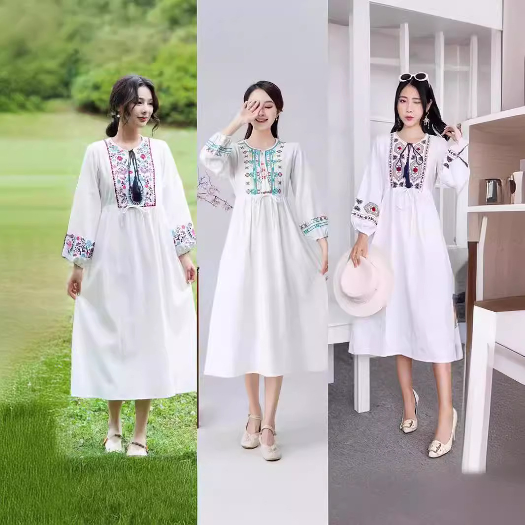 新疆青海三亚旅行穿搭民族复古中长裙女夏云南大理度假白色连衣裙