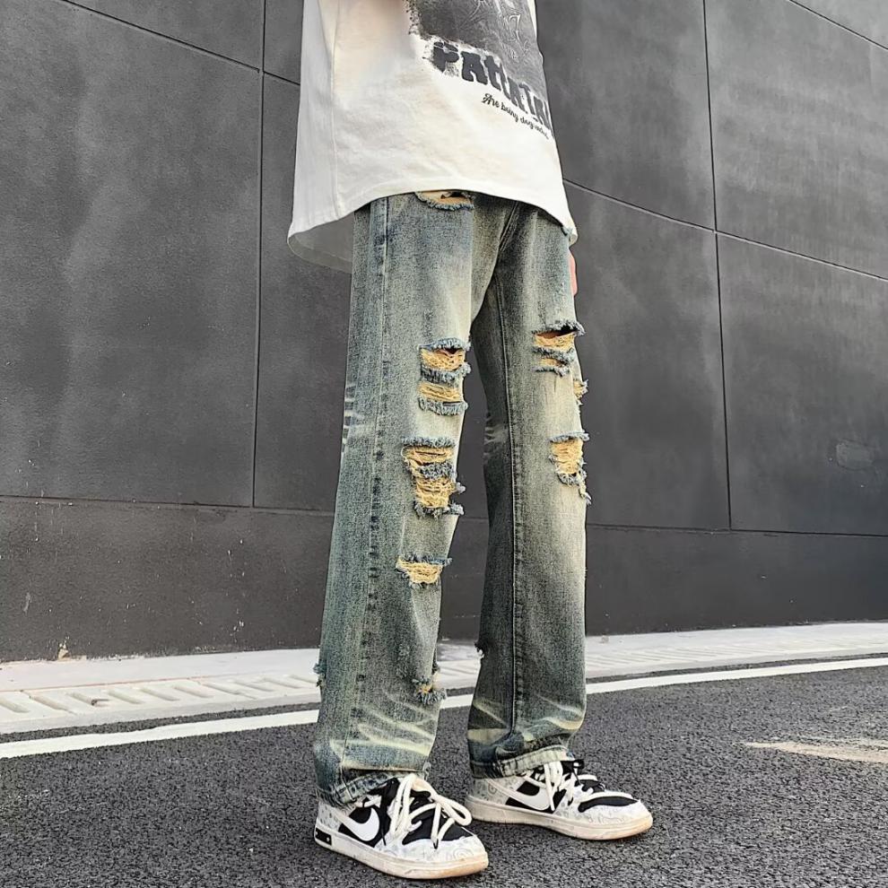 boy Ripped Jeans For Men, Trendy Brand, European And American Street Style Pants, Vintage High Street, Distressed Washed_viptrois.com