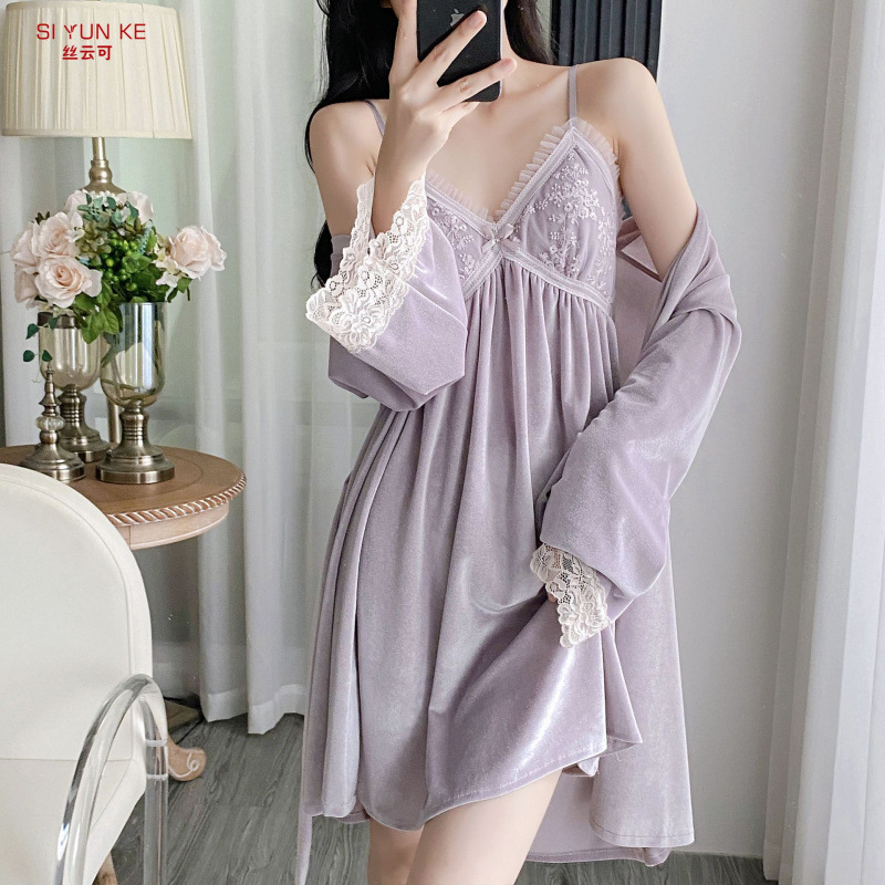 New Velvet Sexy Nightdress Robe for Women, Autumn and Winter Pajamas with Eyelash Lace Splicing, Home Wear Two-Piece Set with Chest Pads