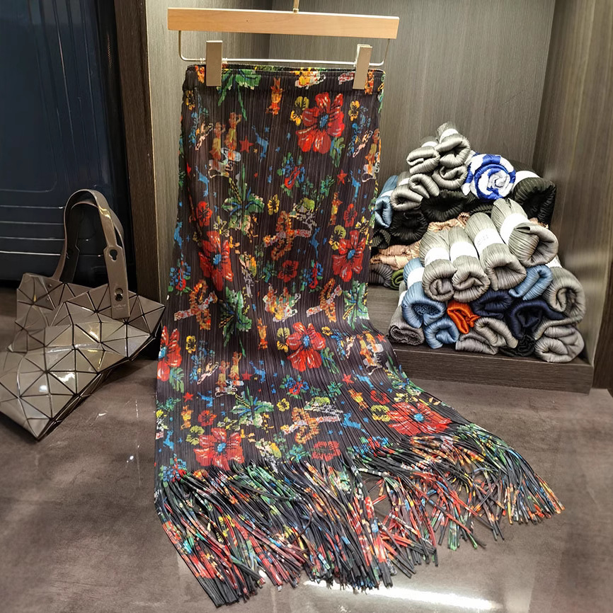 2023 Spring/Summer New Printed Skirt Pleated Elastic Waist Slimming Hip-Hugging Hem Floral Tassel Skirt
