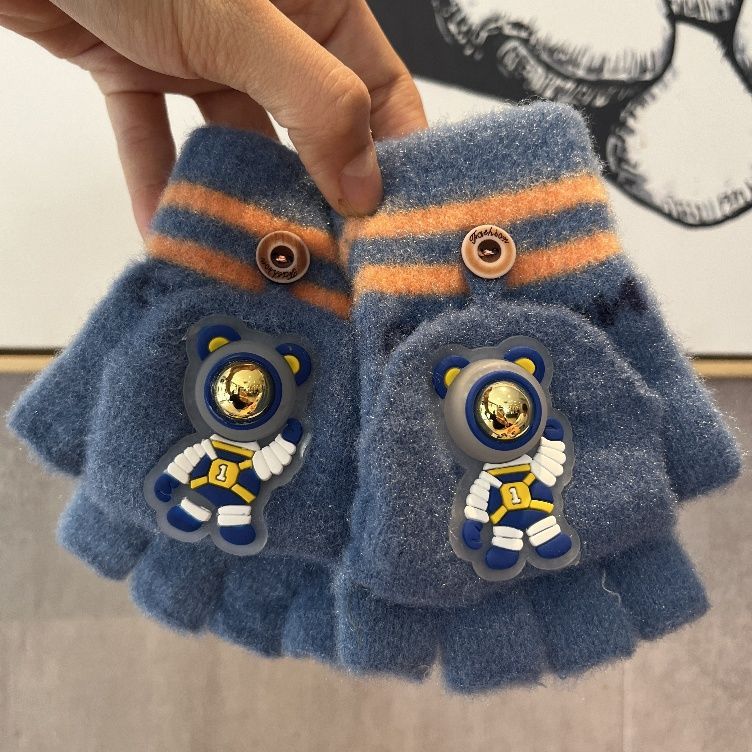 冬季儿童手套保暖宇航员卡通五指翻盖手套小孩学生写字加厚手套潮|undefined