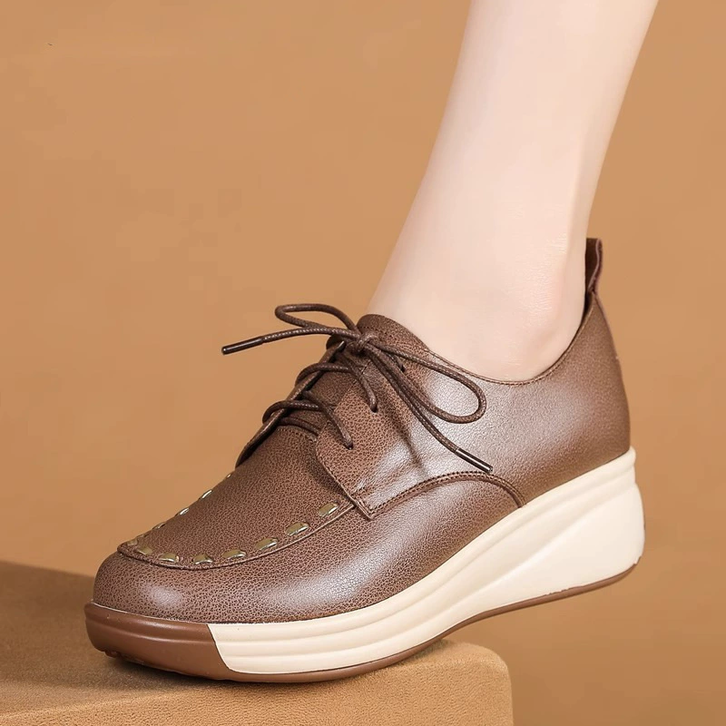 Весенне-осенние новые винтажные однослойные туфли на шнуровке с глубоким носком, женские удобные туфли-качалки на толстой подошве, повседневные кожаные туфли на плоской подошве на шнуровке для мам