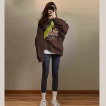 无帽咖色圆领卫衣女秋冬韩版宽松慵懒风中长款小熊情侣装上衣6302