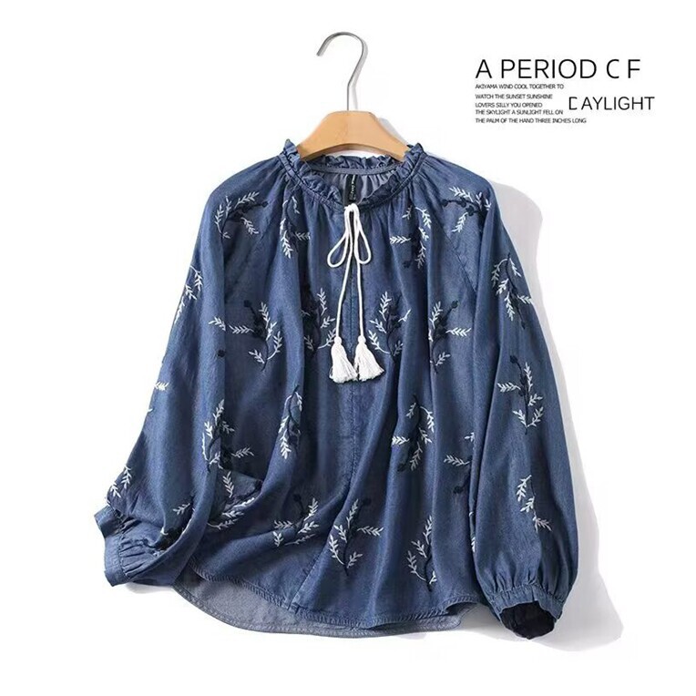 Women's Fashion 2026 Summer New Tassel Tie Ruffle Collar Tencel Shirt Plus Size Loose Denim Babydoll Shirt Women's Fashion 2026 Summer New Tassel Tie Ruffle Collar Tencel Shirt Plus Size Loose Denim Babydoll Shirt