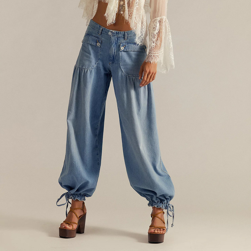 European and American Style Cross-Border Elegant Commuter Fashion Solid Color Trendy Button Denim Pants Casual Versatile Simple Tapered Pants