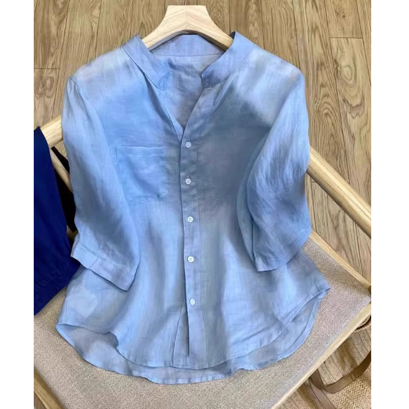 Simple Comfortable Tencel Linen Blue Half Sleeve Shirt Women's Summer Lightweight Niche Loose Western Style Commuter Top Simple Comfortable Tencel Linen Blue Half Sleeve Shirt Women's Summer Lightweight Niche Loose Western Style Commuter Top