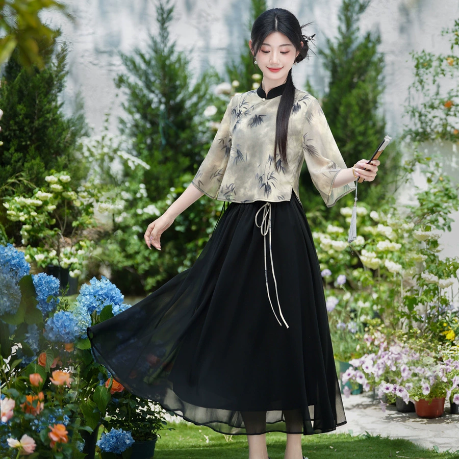 Новый летний китайский стиль, ретро-чернильный принт, костюм Тан, элемент Хань, улучшенный топ Cheongsam Hanfu, комплект чайного костюма в китайском стиле