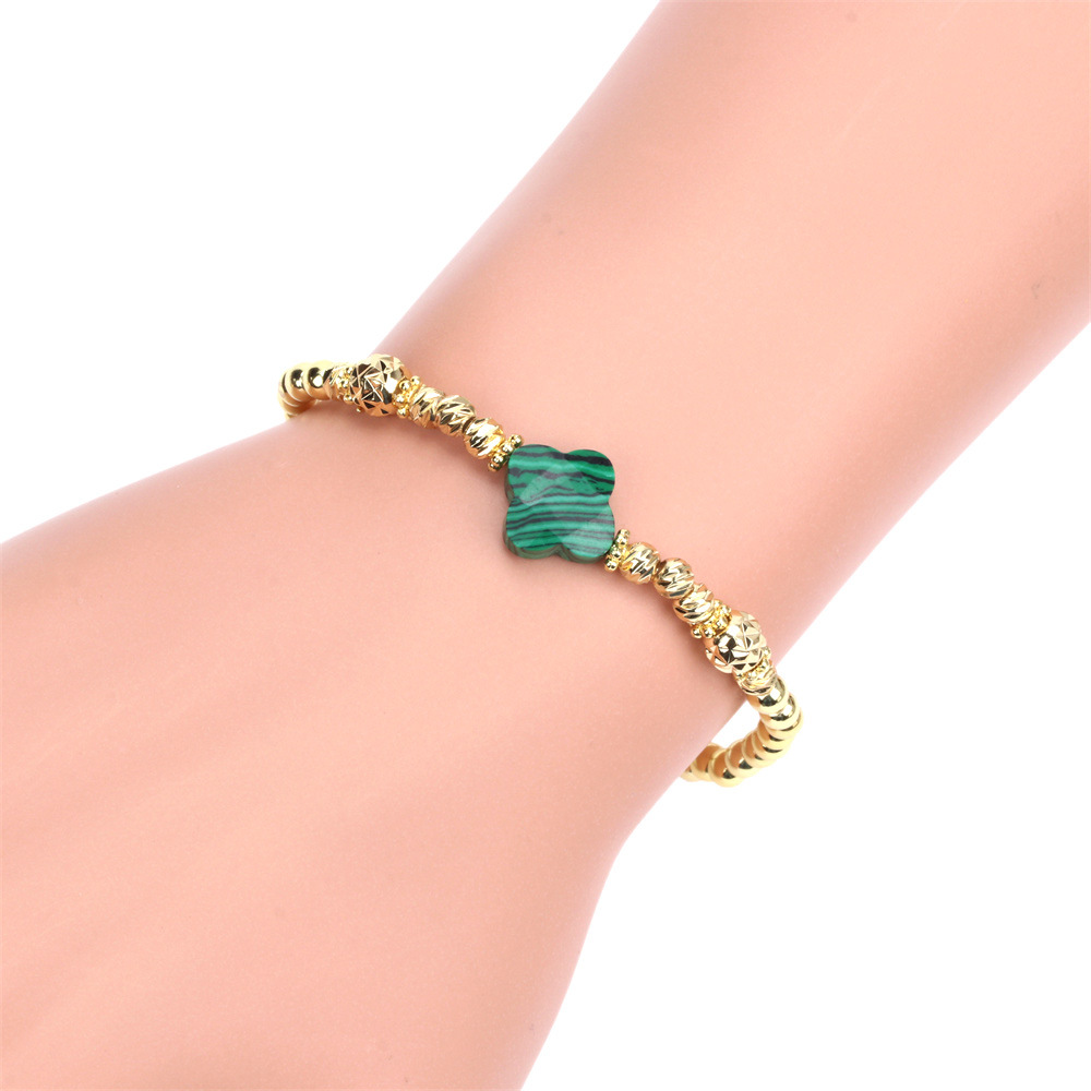 New Semi-precious Stone Four-leaf Clover Bracelet Simple Copper Gold-plated Bead Bracelet display picture 2