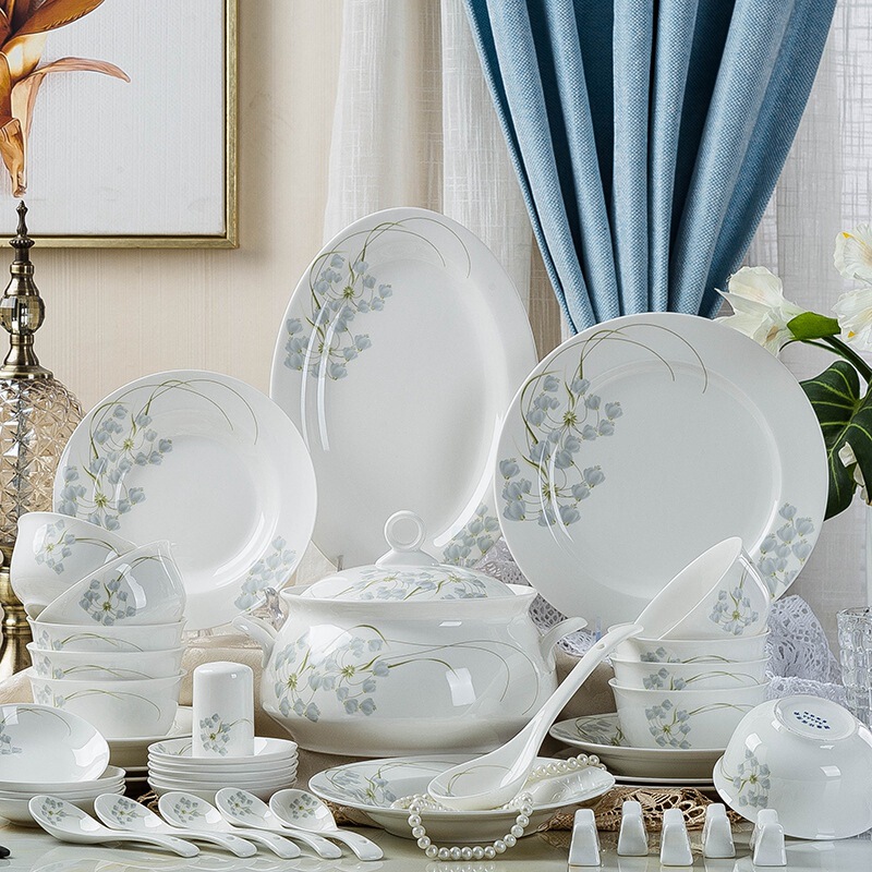 Jingdezhen Ceramic Tableware Set Household Chinese Simple Bone China Dishes and Dishes Combination Practical Gift Wholesale