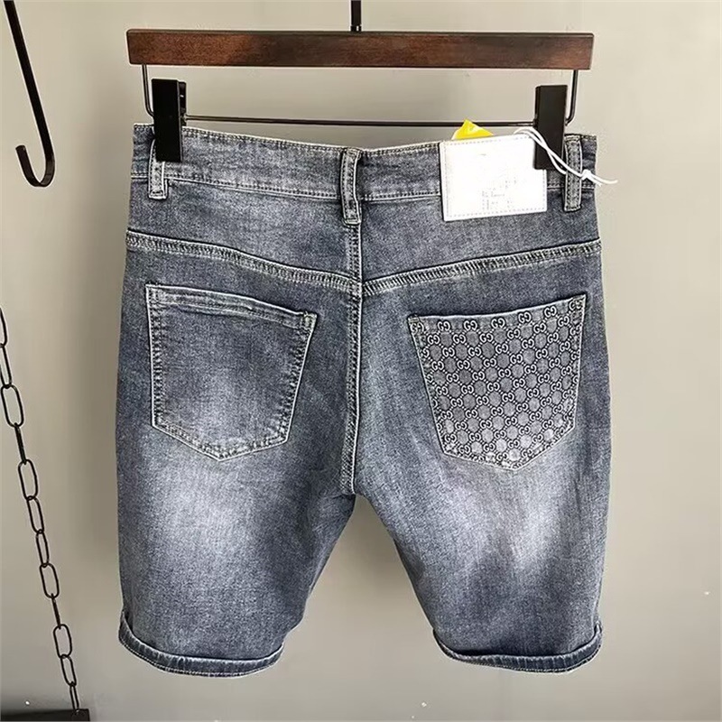 High-End Personalized Printed Denim Shorts for Men, Korean Style Slim Stretch Five-Point Pants for Men, Summer Thin Casual Mid-Pants