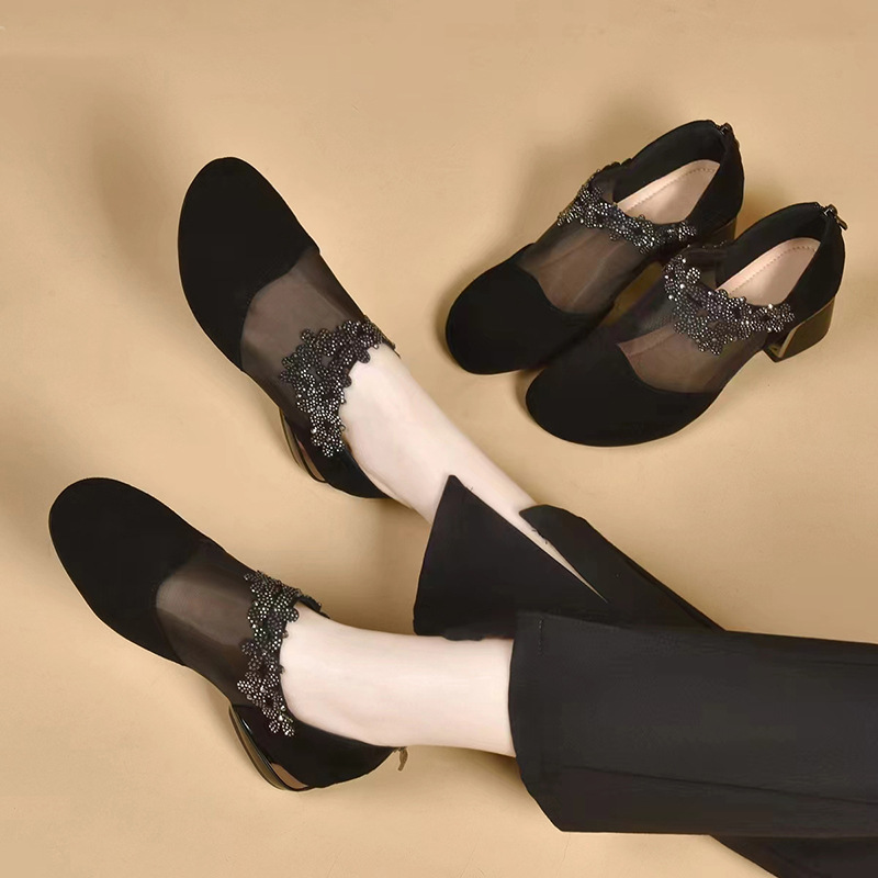Giày sandal nữ da thật mũi tròn gót vuông 5 cm khoét lỗ hở mũi — Chiều cao gót 5 cm