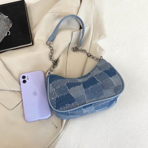 Denim bags for women  popular new trendy fashion casual simple baguette bag chain retro portable shoulder bag