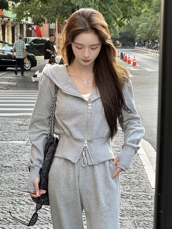休闲风运动套装女春秋新款时尚连帽卫衣外套高腰抽绳阔腿裤两件套|undefined