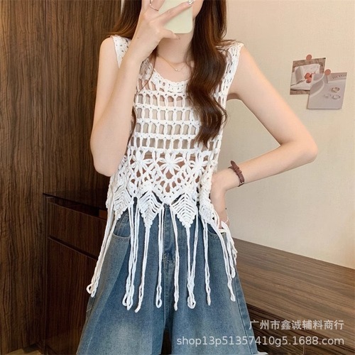 Bohemian Ethnic Style Hooded Top Women's Summer Knitted Outerwear Sleeveless Crochet Cardigan Fringe Mesh Lace Hollow Out Top 