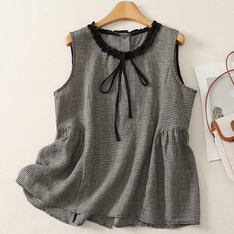 2026 Summer New Style Artistic Design Tie-Neck Lace-Up Floral Linen Sleeveless Top