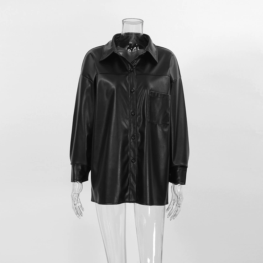 Black PU Leisure Shirt, European-Style Fashion Top with Stretch, Modern Chic for versatile leisure wear