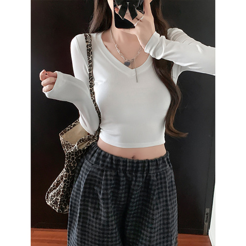 Moses Queen V-neck long-sleeve women's spring short-sleeve pure color base shirt top 62808