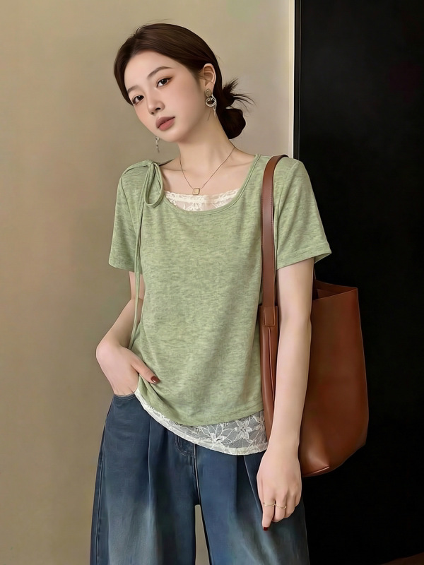 Áo thun tay ngắn nữ thiết kế ren nối giả hai lớp, phong cách Pháp thanh lịch — màu tím