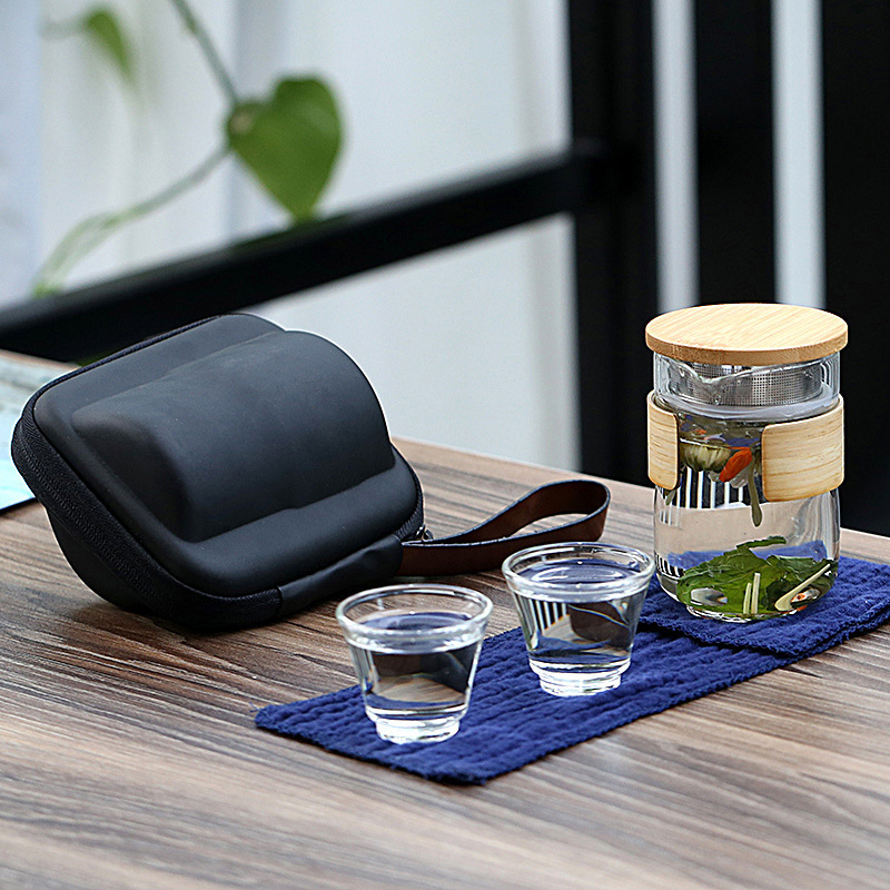 Juego de té de vidrio de viaje portátil de borosilicato soplado a mano Express Cup traje de olla de una olla de vidrio