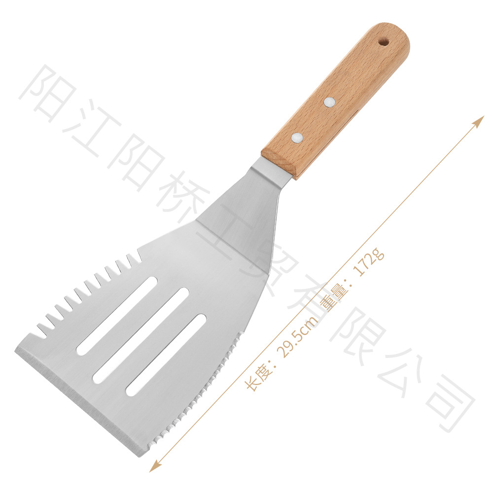 Amazon Hot sale acero inoxidable parrilla herramienta set al aire libre barbecue hierro guisado mango de madera cocinar combinación de cocina de grasa