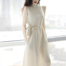杏色醋酸连衣裙女夏季2025新款高端奢华大牌气质法式惊艳修身裙子