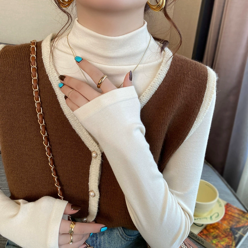 Белый базовый слой, женский облегающий крой, новинка 2024 года, теплый флисовый утолщенный топ с полувысоким воротником, осенне-зимний топ со средней горловиной