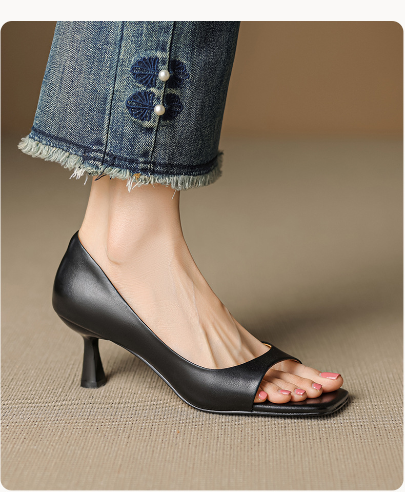 Sandal cao gót nữ hở mũi mũi vuông gót nhỏ 6 cm phong cách Hàn Quốc — đen chi tiết 17