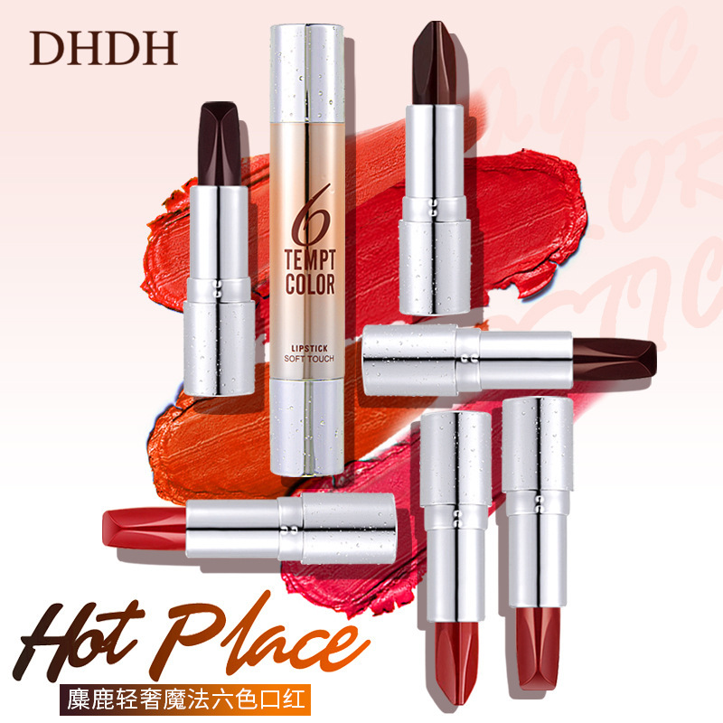 DHDH Elk Light Luxury Magic 6 colores un lápiz labial de seis colores doble tubo de niebla mate no es fácil de quitar el maquillaje