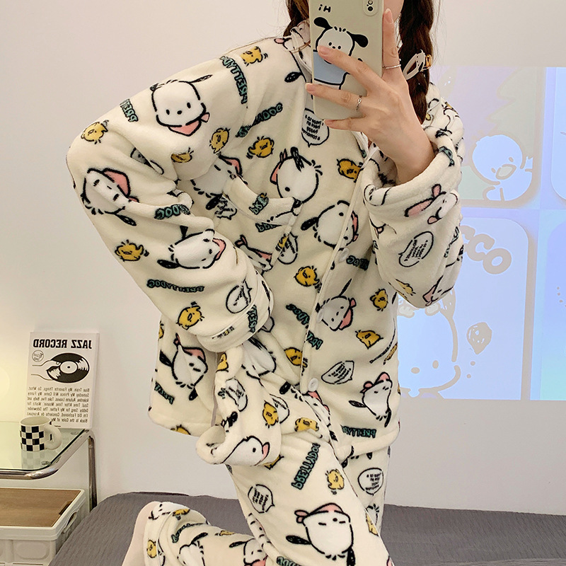 Popular Pacha perro pijamas de las mujeres franela solapa cardigan manga larga Otoño e Invierno máscara ojo libre dibujos animados homewear caliente conjunto