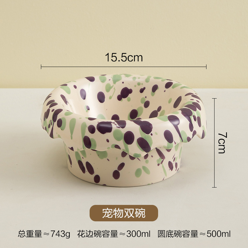 ins泼墨气泡宠物双碗护颈防打翻猫食盆釉下彩陶瓷猫咪饭碗宠物碗|undefined