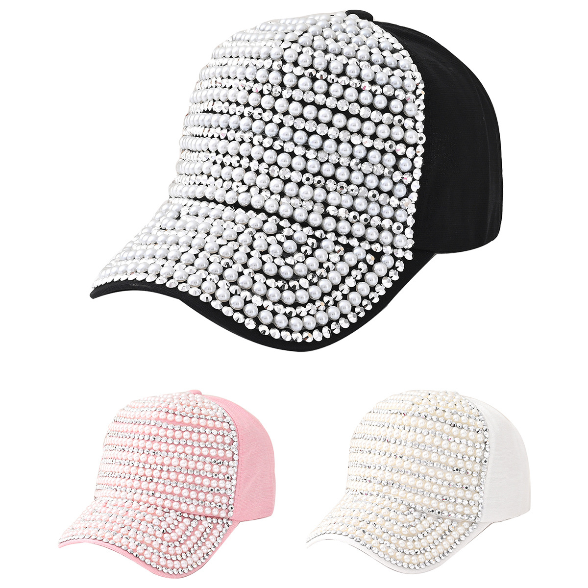 Explosiones transfronterizas de moda de género neutro para mujeres gorras de béisbol redondas de perlas incrustadas de diamante gorras de boca de pato campamento hoguera