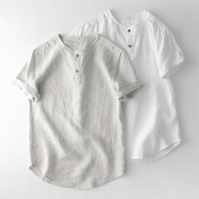 夏季新款男士休闲套头立领纯亚麻短袖衬衫透气百搭一件代发166薄