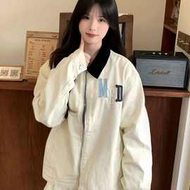 美式复古学院风夹克款外套女学生春秋季休闲撞色翻领棒球百搭上衣