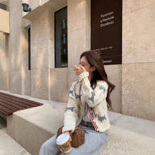 TB高品质100%羊毛针织毛衣女款经典圆领休闲百搭小狗嵌花开衫外套