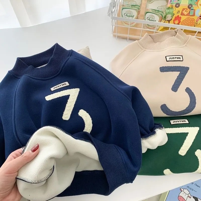 Children's One-piece Fleece Sweatshirt with Half High Collar Autumn/Winter Wear, Children's Hooded Top, New Korean Style, Cute and Fashionable Thin Fleece for Toddlers