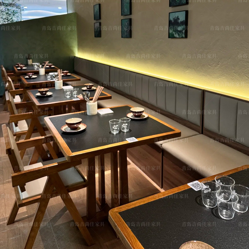 Western Restaurant Vintage Solid Wood Edge-Bound Fire-Polished Stone Dining Table, Mid-Century Wabi-Sabi Fusion Dining Room, Cafe, Milk Tea Shop Tables and Chairs