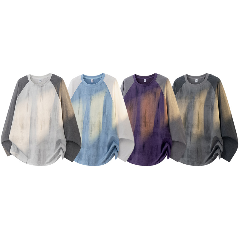 Long-sleeve T-shirt for spring and autumn, trendy American-style tie-dye, breathable, color-blocked, casual crew-neck sweatshirt