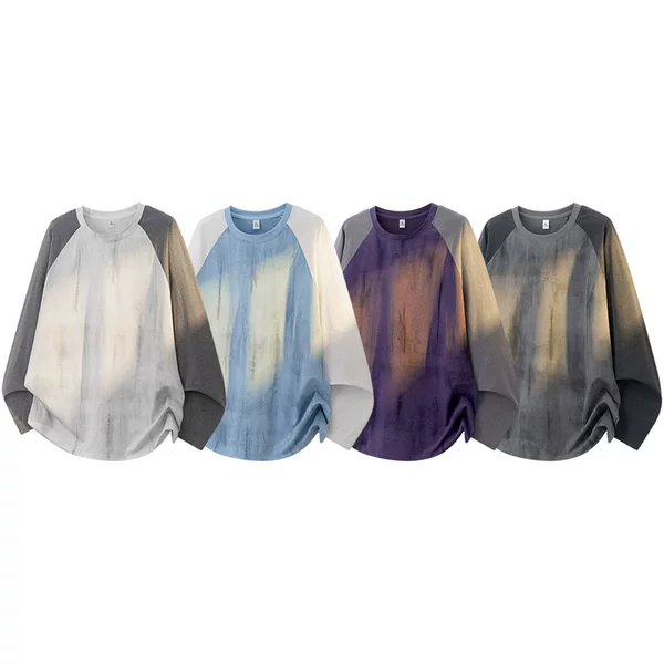 Long-sleeve T-shirt for spring and autumn, trendy American-style tie-dye, breathable, color-blocked, casual crew-neck sweatshirt
