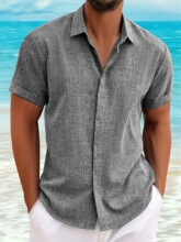 S 32661 Linen Shirt Men Beach Vacation Retro Short Sleeve ��