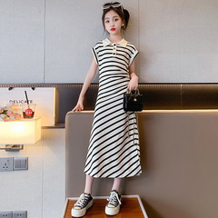 Stripe Dress for Girls, Summer Outfit, New Fashion Children's Clothing, Polo Long T-Shirt Skirt, for Older Children, Summer Skirts