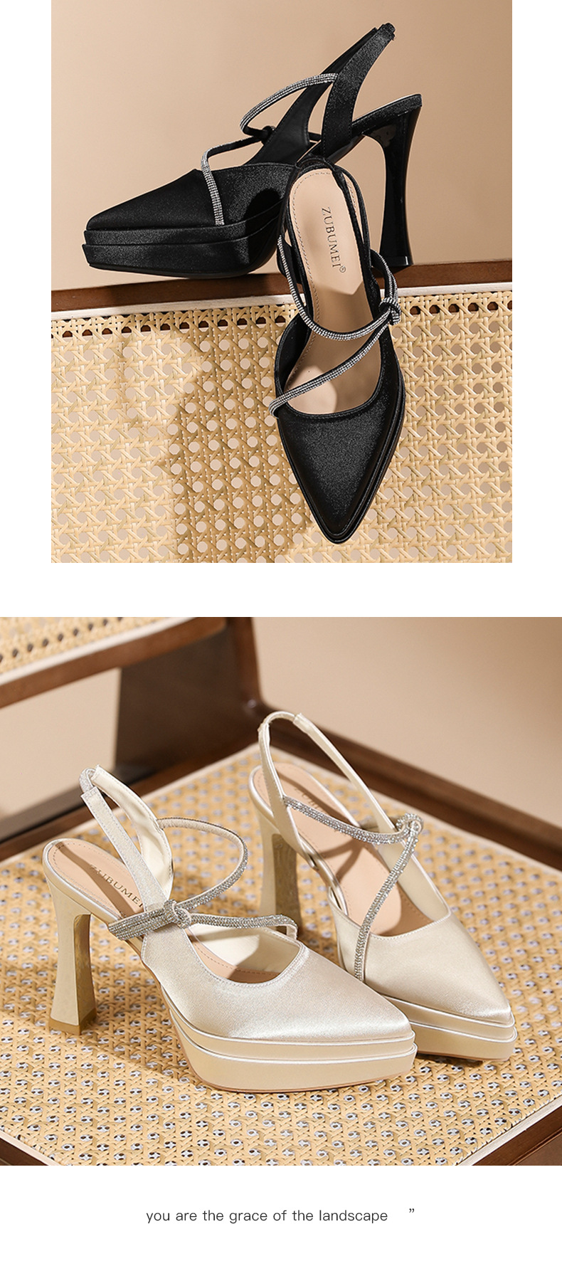 Sandal cao gót nữ mũi nhọn quai ngang đế platform gót 11 cm — Đen - 11cm chi tiết 8