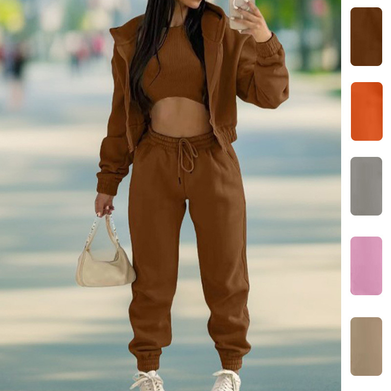 2026 Spring New Cross-Border Women's Clothing Aliexpress Solid Color Simple Hooded Sweatshirt Sports Casual Long Pants Three-Piece Set