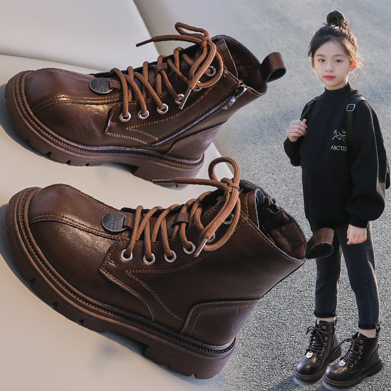 Girls' Martin Boots 2026 New Autumn/Winter Princess Leather Boots with Fleece Lining, Short Boots for Older Children, British Style